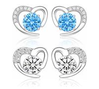 DOETYD 2 Pair 4PCS Silver White Gold Hypoallergenic Cubic Zirconia Heart Stud Earrings for Women,Birthday Jewellery Gift for Women,Girls,White and Blue Stone