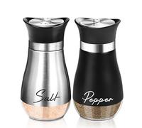 DOETYD 2 Pcs Salt and Pepper Shakers Set 130ml Stainless Steel Spice Dispenser with Clear Glass Bottom for Kitchen Restaurant Camping Dining, Black & Silver