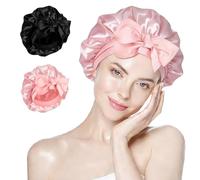 DOETYD 2PCS Silk Bonnet for Sleeping, Soft Satin Bonnet Hair Wrap with Tie Band, Comfortable Bonnets for Women for Long, Curly, Braided Hair, Ideal for Bath or Bedtime (Black, Pink)