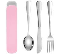 DOETYD 3 PCS Travel Cutlery Set Stainless Cutlery with Portable Case Reusable Spoon Fork and Knife for Camping Travel Picnic School Office Lunch (Pink)