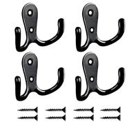 DOETYD 4 Pcs Double Prong Coat Hooks, Dual Retro Metal Door Hooks Wall Mounted for Bathroom Bedroom, Strong Wall Hooks for Clothes Towels Hats with 8 Screws (Black)