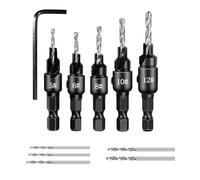 DOETYD 5-Piece Countersink Drill Bit Set, Quick Change Woodworking Drill witn One Adjustable 1/4” Hex Shank, with Free Replaceable Drill Bits for Woodworking Self Countersink Drill Bit