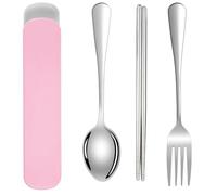 DOETYD Travel Cutlery Set 3 PCS Stainless Cutlery with Portable Pouch Case Reusable Fork Spoon and Chopsticks Set for Camping Picnic School Office Lunch (Pink)