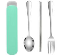 DOETYD Travel Cutlery Set 3 PCS Stainless Cutlery with Portable Pouch Case Reusable Fork Spoon and Chopsticks Set for Camping Picnic School Office Lunch (Green)