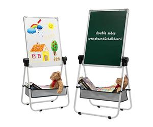 DOEWORKS Kids Easel Magnetic Whiteboard Easel for Kids, Double Sides Whiteboard & Chalkboard U-Stand Writing Drawing Board, Height Adjustable & 360°Rotation, White
