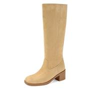 DOEYG Women's Banana Knee High Boots Square Toe Chunky Block Heel Tall Boots Wide Calf Fashion Comfortable Casual Pull on Long Boots, Suede Apricot, 6 UK