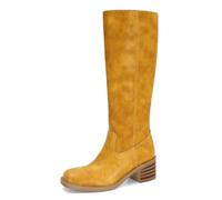 DOEYG Women's Banana Knee High Boots Square Toe Chunky Block Heel Tall Boots Wide Calf Fashion Comfortable Casual Pull on Long Boots, Yellow, 8 US