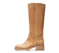 DOEYG Women's Banana Knee High Boots Square Toe Chunky Block Heel Tall Boots Wide Calf Fashion Comfortable Casual Pull on Long Boots, Tan, 7 UK