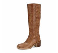 DOEYG Women's Banana Knee High Boots Square Toe Chunky Block Heel Tall Boots Wide Calf Fashion Comfortable Casual Pull on Long Boots, Brown, 8 UK Wide