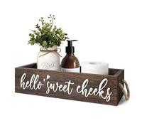 DOFAFALA MayAvenue Farmhouse Bathroom Decor Box Hello Sweet Cheeks Double Sided Wooden Toilet Paper Holder Tissue Box with Handles, Bathroom Signs (Brown)