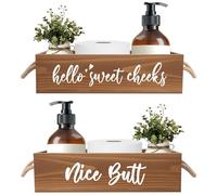 DOFAFALA MayAvenue Farmhouse Bathroom Decor Box Hello Sweet Cheeks Double Sided Wooden Toilet Paper Holder Tissue Box with Handles, Bathroom Signs (Brown)