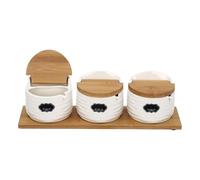 Dofanqing 3 PCS in One Kitchen Spice Jar Ceramic Spice Jars with Bamboo Lids and Sugar Spoons,Four Non-slip Feet,Recessed Design, for Private Kitchens,Restaurants, Vendors,White+Brown