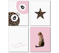 DOFQZ Trendy Preppy Leopard Wall Art Prints Set of 4, Pink Bow Leopard Print Room Decor, Funky Star Cheetah Y2K Lucky 8 Ball Posters for Girls Bedroom Dorm Apartment Decor, 8x10 Unframed