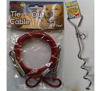 Dog 6ft Garden Tie Out Cable Pet Lead Strong Wire with Spiral Ground Stake Spike (Red)