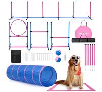 Dog Agility Course Backyard Set, Dog Agility Equipment, Pet obstacle Course Backyard with 6 Dual Mode Weave Poles, 2 Adjustable Hurdle, Jump Ring, Tunnel, Pause Box, Toy Balls and 2 Carrying Bags,Pink