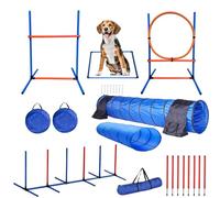Dog Agility Training Equipment Set with Carry Bags, Includes Tunnel, Jumping Ring, Pause Box, and 8 Weave Poles for Backyard Course