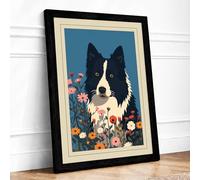 Dog Among Flowers Retro Framed Wall Art Print A3 Black