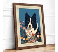 Dog Among Flowers Retro Framed Wall Art Print A3 Walnut
