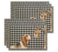 Dog and Birdhouse Placemats, Rustic Farmhouse Checkered Table Mats for Dining, Everyday Non-Slip Washable Indoor Outdoor Kitchen Decorative Placemat Set of 6