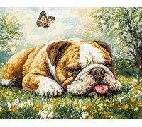 Dog and Butterfly Printed Canvas 11CT Cross-Stitch,English Bulldog on The Grass,DIY Embroidery Complete Kit Knitting Craft Needlework Sewing Home Decor,16x20in