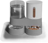 Dog and cat Automatic Feeder and Waterer Set, 360 Degree Rotation with Stainless Steel Bowl Super, can fit and Put, a Week Out of The House Without Worry (Grey)