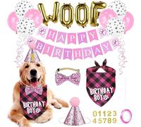 Dog and Cat Birthday Decorations Dog Birthday Party Supplies, First Birthday Dog Party Hat Cotton Bandana Elastic Bow Tie Sticky Number Happy Birthday Banner Woof Balloons for Small Medium Large Dogs