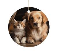 Dog and Cat Ceramic Ornaments with Hanger Round Porcelain Ornaments Personalized Xmas Tree Keepsake Crafts Gift for Christmas and Thanksgiving Decoration