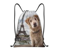 Dog And Eiffel Tower Unisex Pe Bag Foldable Drawstring Bag Large Gym Sack For Hiking Climbing Football
