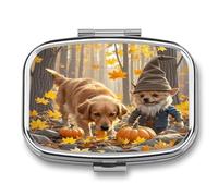 Dog and Maple Leaves Pill Case 2 Compartments Travel Pill Organizer for Pocket Small Pill Box Portable Pill Container Metal Medication Holder to Hold Vitamin Fish Oil Supplement