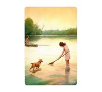 Dog And The Little Girl Want To Catch Fish In The Lake Plaque Tin Vintage Tin Sign Funny Wall Metal Sign For Kitchen Bar Pub Garage