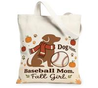 Dog Baseball Fall Girl Theme Autumn Canvas Tote Bag 13x15 Inch | Autumnal Pumpkins Accents, Baseball Sports Theme, Cozy Scarf Detail, Dog Mom Expression, Seasonal Lifestyle Accessory