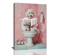 Dog Bathroom Wall Art Cute Poodle On The Toilet Reading Newspaper Bathroom Pictures For Wall Pink Bathroom Decor Bathroom Sign Canvas Print Painting Modern Framed Artwork for Restroom 16"x24"