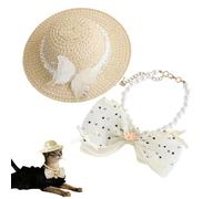 Dog Beach Hat Bow Headgear and Pearl Necklace | Adjustable Countryside Style Pet Hat Set for Large Breed Puppy Kitten Photo Props Beach Party Outdoor