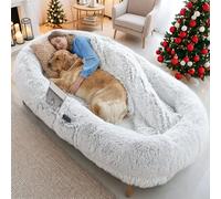 Dog Bed for Humans and Pets, Anti-Slip Sleeping Mat with Washable Faux Fur Cover, Comfy Couch Bed for Dogs with Plump Pillow and Blanket