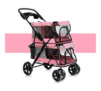 Dog Bicycle Carriers Double Layer Pushchairs Pram Four Rounds Pet Buggy Multiple Cat Dog Pram Foldable (Pink)