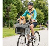 PawHut Dog Bike Basket, Soft-Sided Pet Carrier with Security Leash, Mesh Door & Window, Plush Cushion, Bowl, Light Grey