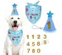 Dog Birthday Bandana and Hat,Dog Birthday Decorations Cake Party Supplies with Adjustable Hat and Glitter Numbers,Gift and Party Decoration Set(Blue)