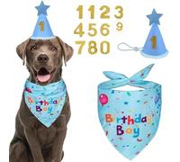 Dog Birthday Bandana Set - Adjustable Hat & Glitter Number Scarf, Reusable Pet Birthday Decorations, Cake Party Supplies & Pet Apparel Accessories for Pet Party/Home/Birthday Celebration (Blue)