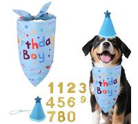 Dog Birthday Bandana Set, Boy Dog Birthday Decorations Cake Party Supplies with Adjustable Hat and Glitter Numbers Reusable Scarf Cap Gifts Pet Apparel Accessories (Blue)