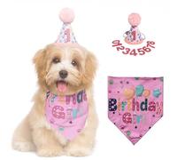 Dog Birthday Bandana Set | Cake Party Supplies with Adjustable Hat, Glitter Numbers, Reusable Scarf Cap, and Gifts | Pet Apparel Accessories in Pink(Girl)