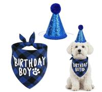 Dog Birthday Boy Hat and Blue Plaid Bandana Set for Medium Dogs Pets | Dog Birthday Hat Glitter Party Crown, Cotton Birthday Boy Pet Bandanas Scarf, Blue Themed Birthday Party Supplies
