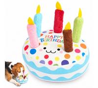 Dog Birthday Cake Plush Squeaky Toy, Rope Candles Soft Colourful Pet Play | Squeaky Sound Feature, Rope Candle Details, Soft Plush Material, Happy Birthday Themed Dog Toy