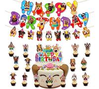 Dog Birthday Decoration, 2 Cute Cartoon Dog Birthday Banners with 16Pcs Puppy Cupcake Toppers for Pet Theme Birthday Party, Kids Birthday Party