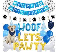 Dog Birthday Decorations Hat Bandana - Blue Happy Birthday Banner Decoration Set with paw print balloons, Cute Puppy Garland Woof Lets Pawty Letter Banners for Pet Party Present