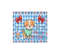 Dog Birthday Dish Drying Mats for Kitchen Counter, Blue Gingham Cute Animal Absorbent Dish Mat, Fun Cartoon Bow Pattern Microfiber Drying Pad 16x18 Inch
