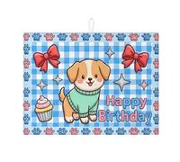 Dog Birthday Dish Drying Mats for Kitchen Counter, Blue Gingham Cute Animal Absorbent Dish Mat, Fun Cartoon Bow Pattern Microfiber Drying Pad 18x24 Inch