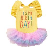 Dog Birthday Dress It's My Birthday Dog Dress Small Doggy Girl's Tutu Dresses Ruffle Sleeless Puppy Clothes Tulle Lace Skirt Pet Costume Cat Outfits (Yellow, L)