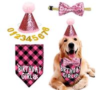 Dog Birthday Hat and Bandana Set, Reusable Dog Party Hat with Bow Tie Collar and Gold Number for Pet Cat Birthday Party Decorations (Pink)
