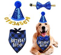 YiThao Dog Birthday Hat and Bow Tie Collar Set - Party Decorations With Gold Number, Bandana, Reusable Cap for Pets, Puppies, Cats (Blue)