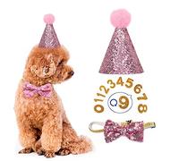 Dog Birthday Hat- Pet Birthday Hat and Bow Tie Collar Set with Number, Reusable Puppy Cat Headwear Caps Costumes Party Decorations Accessories (Pink)